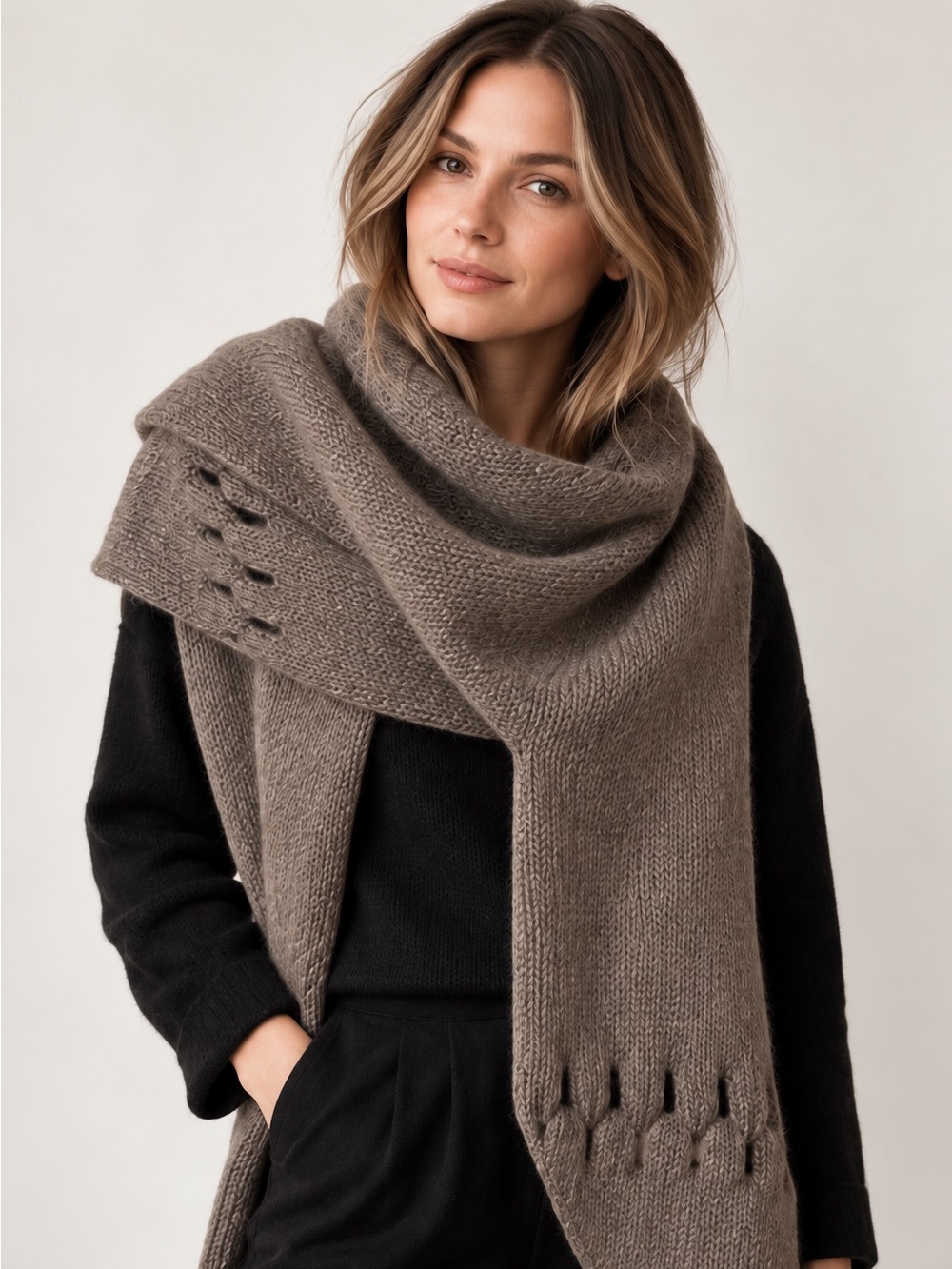 Wol Hide Mohair Wool Hooded Scarf Wrap Shawl One Size Brown